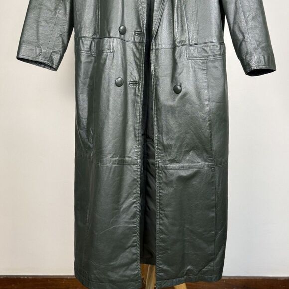 Vintage Leather Trench by Fitz Wright, Dark Green Longline 90s Matrix Style Coat - Picture 11 of 15